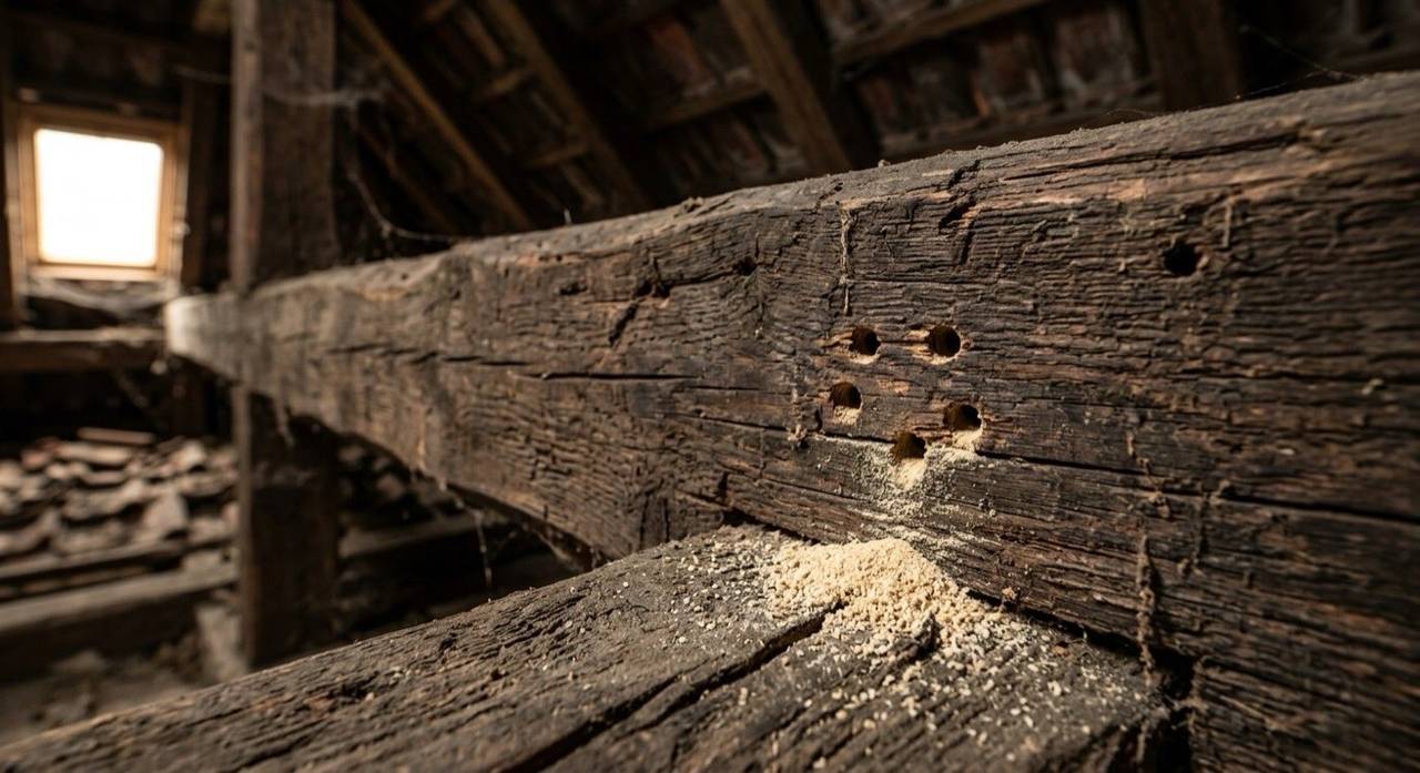 Holzwurmbefall am Dachbalken: Ausfluglöcher und Bohrmehl, wie wir sie bei der Holzwurmbekämpfung in Freiburg vorfinden